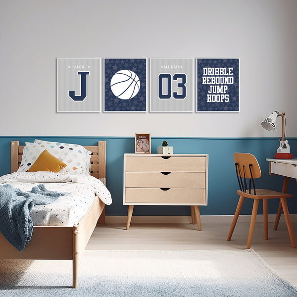 Personalized basketball boy room decor displayed on a gallery wall in a kids bedroom setup