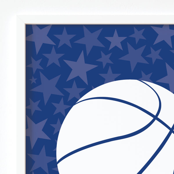 Close-up view of personalized basketball graphic printed on matte fine art paper