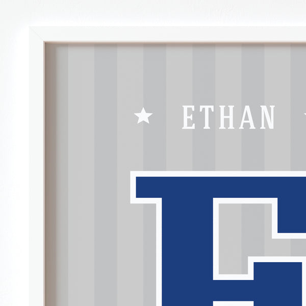 Close-up view of personalized basketball player name graphic printed on matte fine art paper