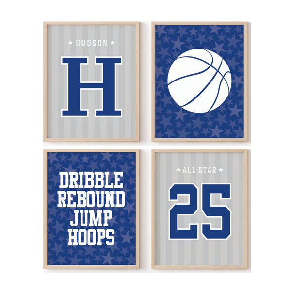 Set of 4 personalized basketball boy wall art prints in Bright Blue with custom name and jersey number