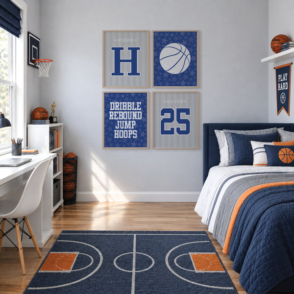 Set of 4 basketball wall art prints framed in a boys sports bedroom