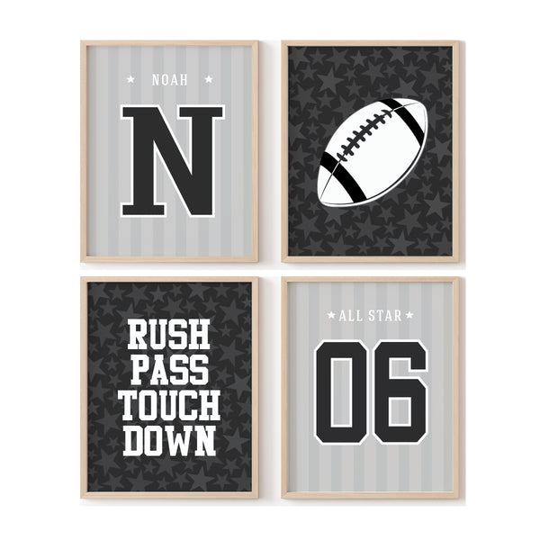 Four framed sports-themed wall art prints . The prints feature a large black letter N with the name Noah, a football graphic, the text 'RUSH PASS TOUCH DOWN,' and the number 06 with 'ALL STAR' above it.