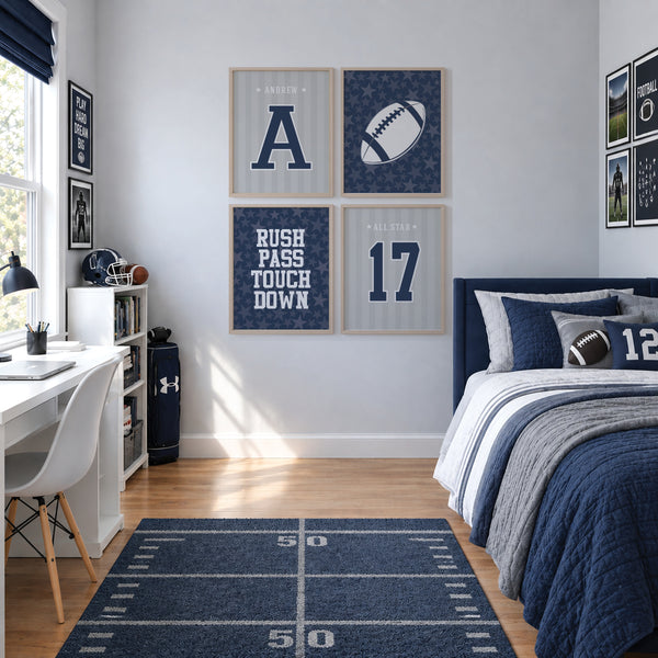 Set of 4 football wall art prints framed above a bed in a boys sports bedroom