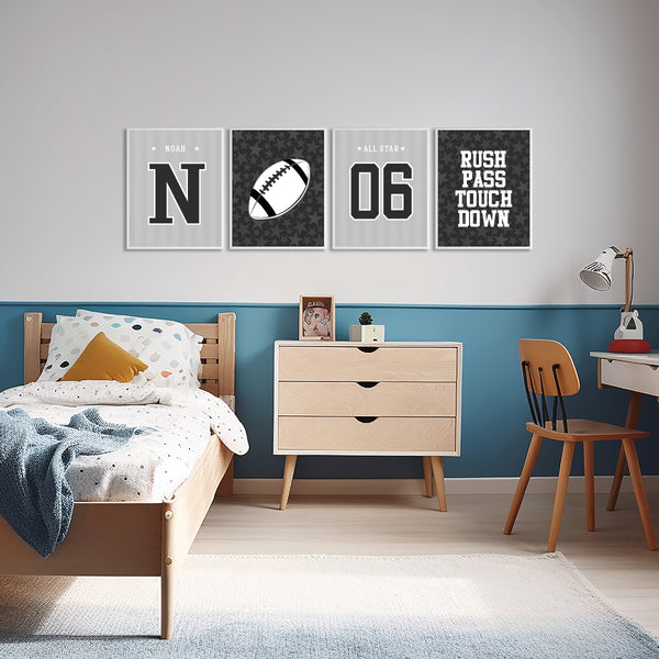 Personalized football boy room decor displayed on a gallery wall in a kids bedroom setup