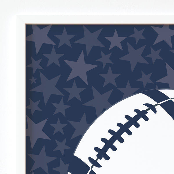 Close-up view of personalized football graphic printed on matte fine art paper