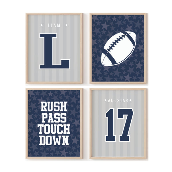 Set of 4 personalized football boy wall art prints in navy with custom name and jersey number
