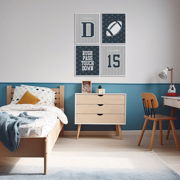 Personalized Football Wall Art Set - Custom Boys Nursery Decor (4-Pack)
