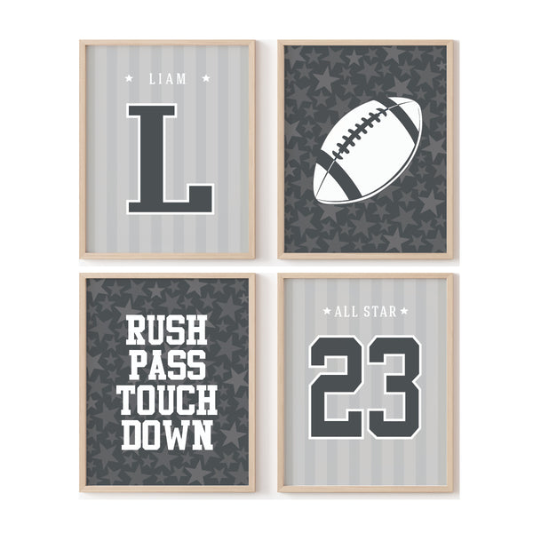 Set of 4 custom football boy wall art prints in gray with name and jersey number