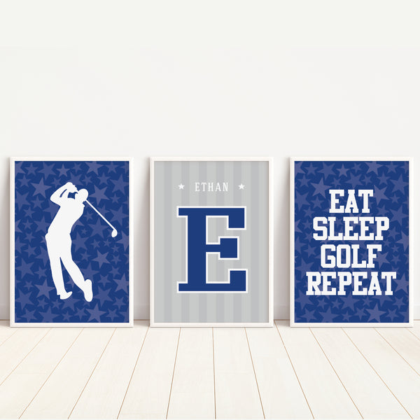 Set of 3 personalized golf prints in simple white picture frames side by side