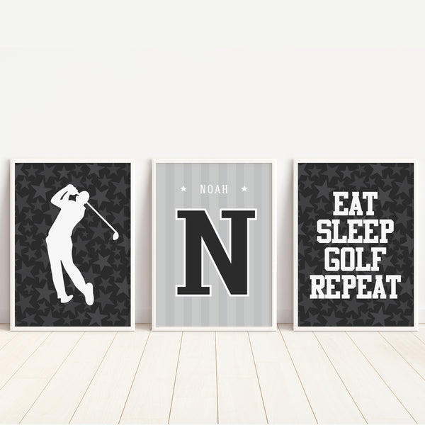 Personalized golf player room decor displayed on a gallery wall in a tween bedroom setup