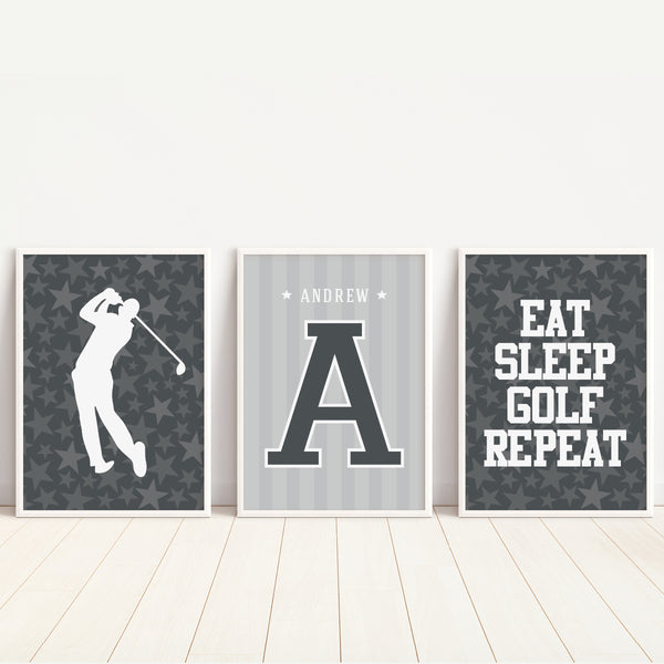 High contrast golf art print featuring custom athlete name in bold modern lettering