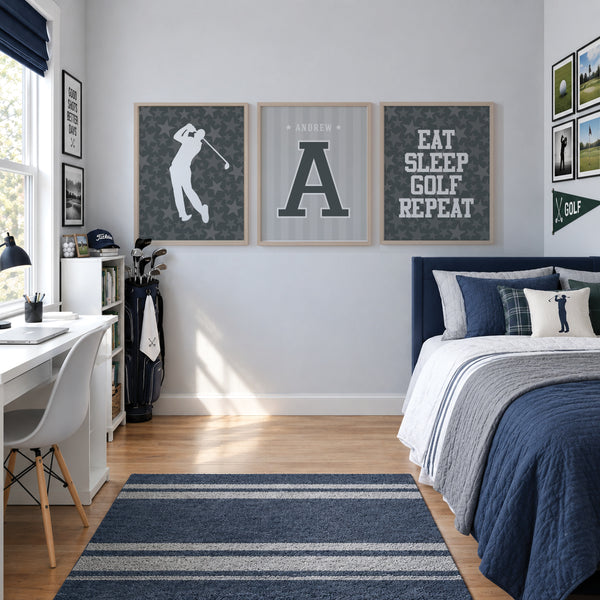 Personalized golf player room decor displayed on a gallery wall in a tween bedroom setup