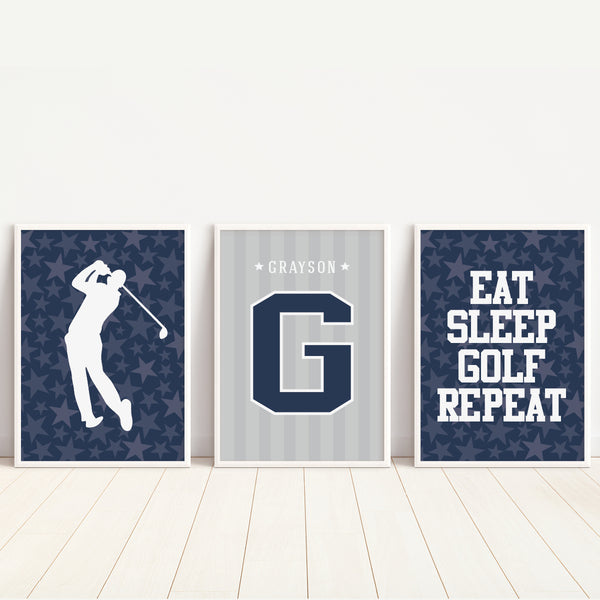 Set of 3 personalized boy golfer wall art prints with custom name and initial typography