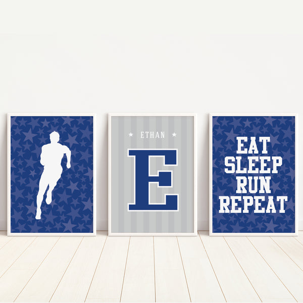 Set of 3 personalized track and field boy wall art prints with custom name and runner graphics