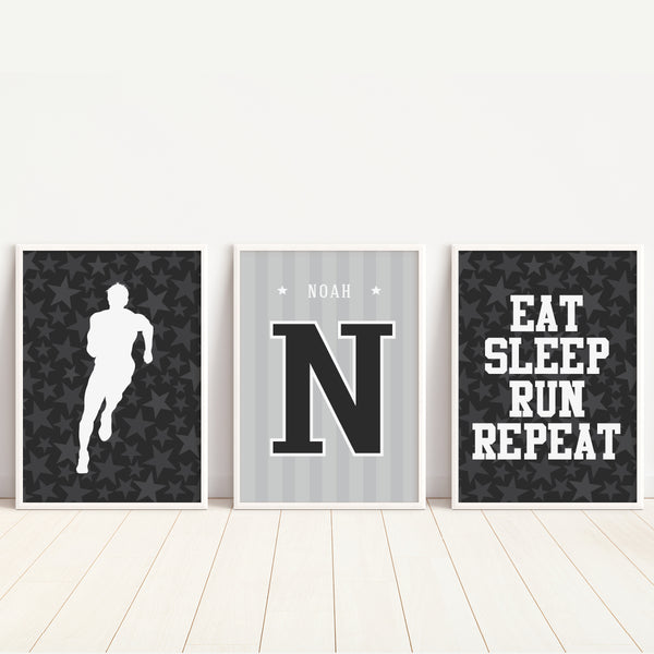 Flashy track and field boy graphic print with bold athletic typography in black and white