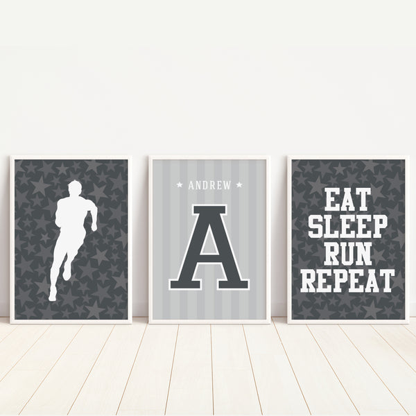 High-contrast track and field art print featuring custom athlete name in bold modern lettering