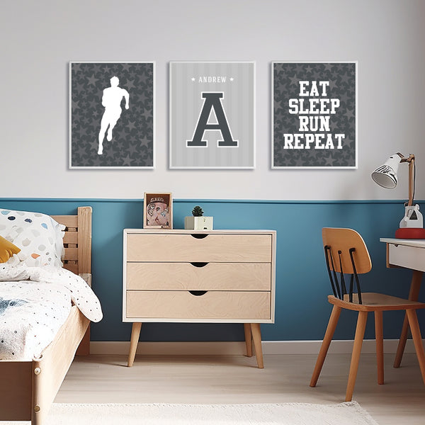 Personalized track runner room decor displayed on a gallery wall in a tween bedroom setup