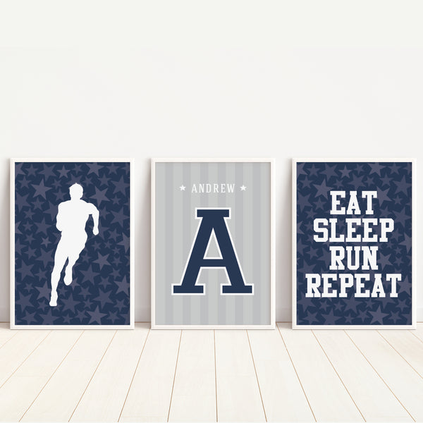 Minimalist runner boy graphic print with bold athletic typography in navy
