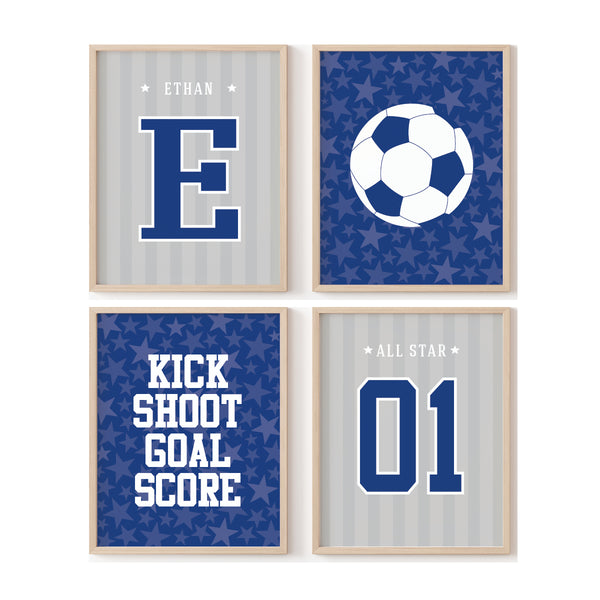 Customized soccer art print set in vibrant blue