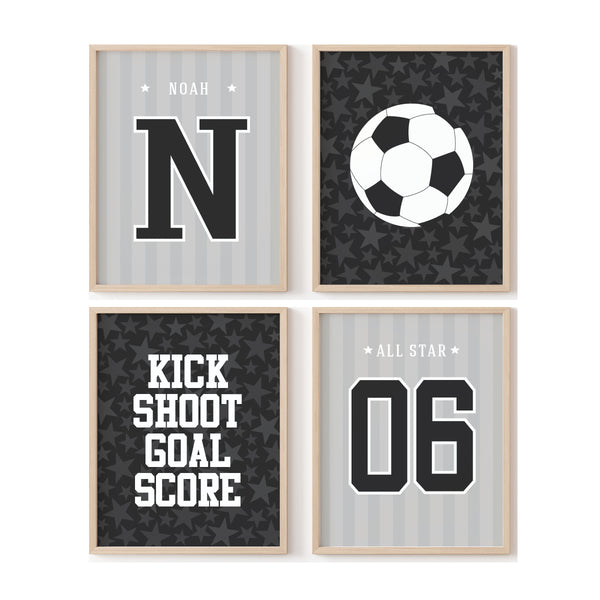 Personalized soccer boy wall print set of 4 in black