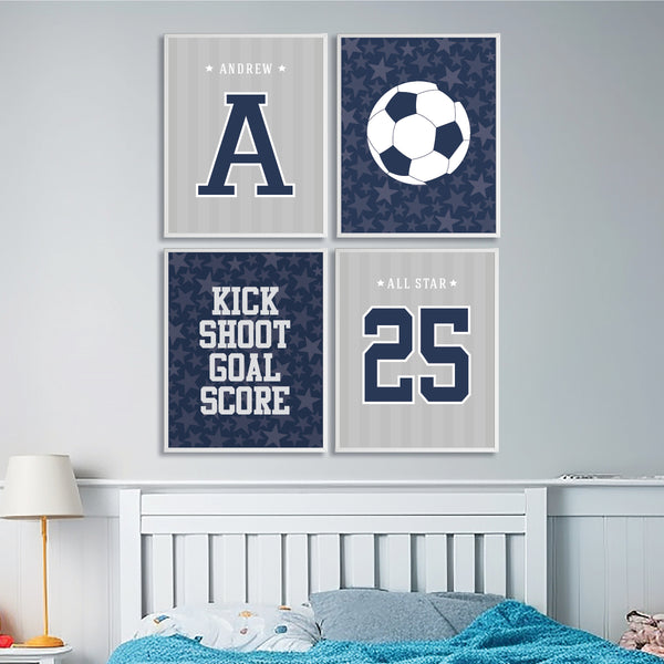 Personalized soccer wall art framed above a bed in a teen boys sports bedroom