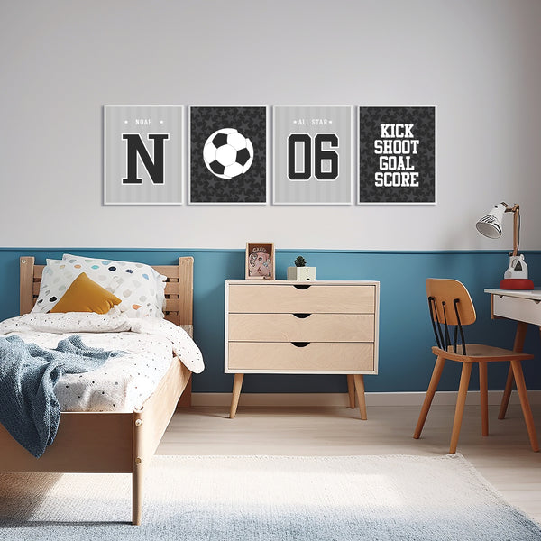 Custom soccer room decor displayed on a gallery wall in a tween bedroom setup