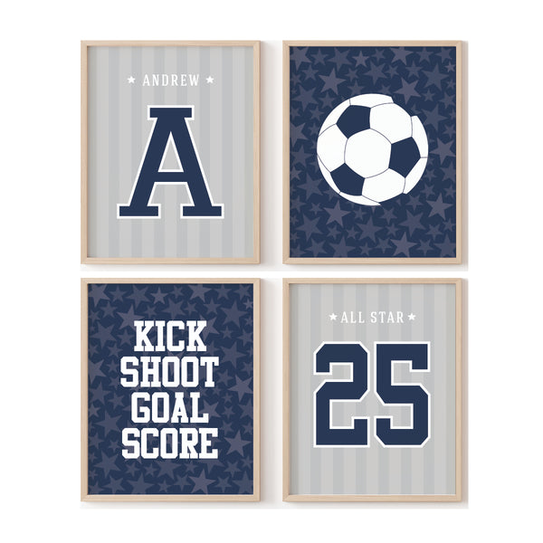 Personalized soccer wall art prints featuring custom athlete name and jersey number