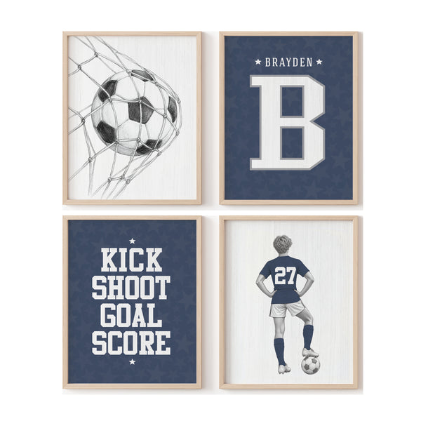 Set of 4 personalized soccer boy wall art prints featuring custom name and jersey number in navy