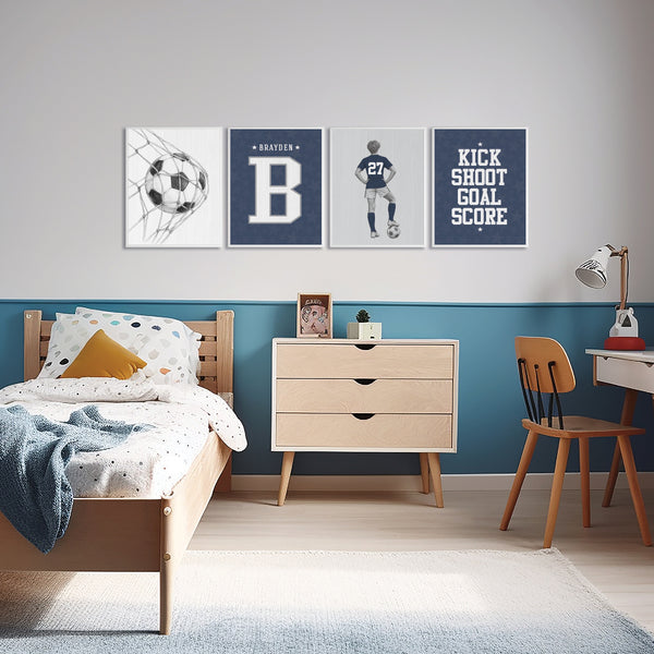 Personalized soccer boy room decor displayed on a gallery wall in a kids bedroom setup