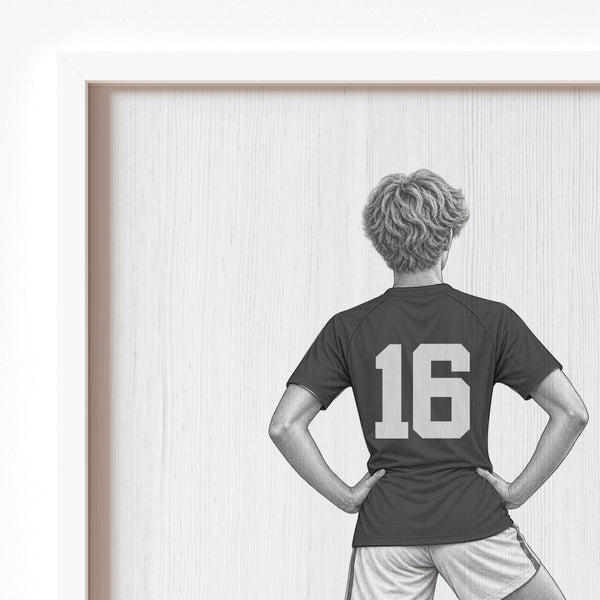 Close-up view of personalized soccer player artwork printed on matte fine art paper