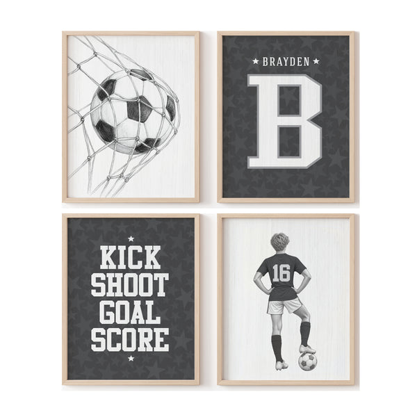 Set of 4 personalized soccer boy wall art prints featuring custom name and jersey number