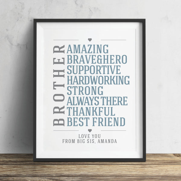 Personalized gift for brother from sister with custom names and sibling quotes.