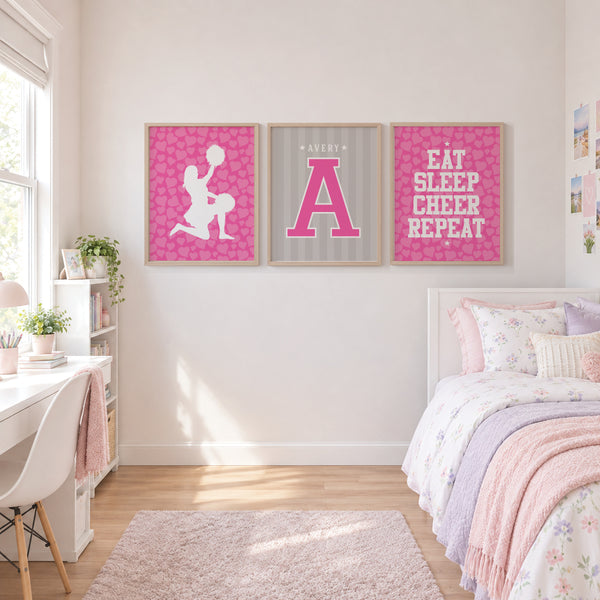 Personalized cheer room decor displayed on a gallery wall in a tween bedroom setup
