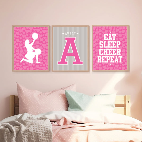 Personalized cheer room decor displayed on a gallery wall in a tween bedroom setup