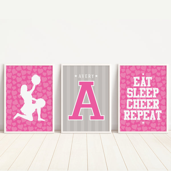 Set of 3 personalized teen cheerleader wall art prints with custom name and pom pom graphics