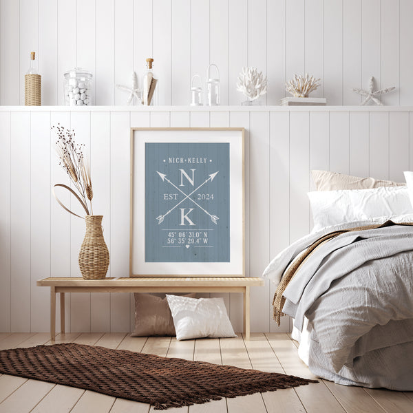 premium matte paper engagement print displayed in farmhouse beach bedroom