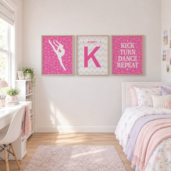 Personalized dance room decor displayed on a gallery wall in a tween bedroom setup