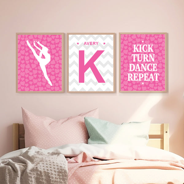 Set of 3 dance wall art prints framed above a bed in a teen girls room