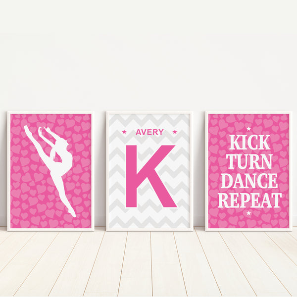Set of 3 personalized dancer wall art prints with custom name and dance silhouettes