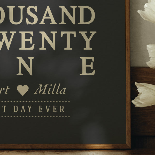 Close-up of sharp archival ink text on an elegant custom typographic wedding art print