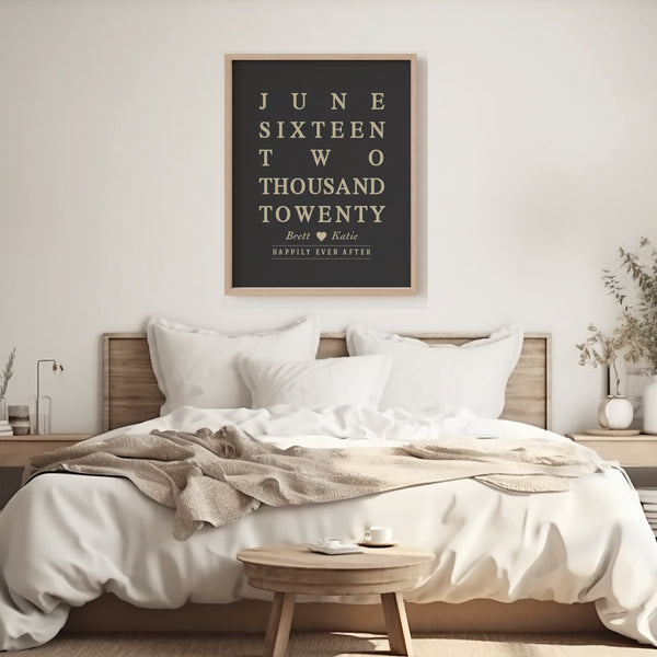 Minimalist typographic anniversary poster styled beautifully above a bedroom headboard