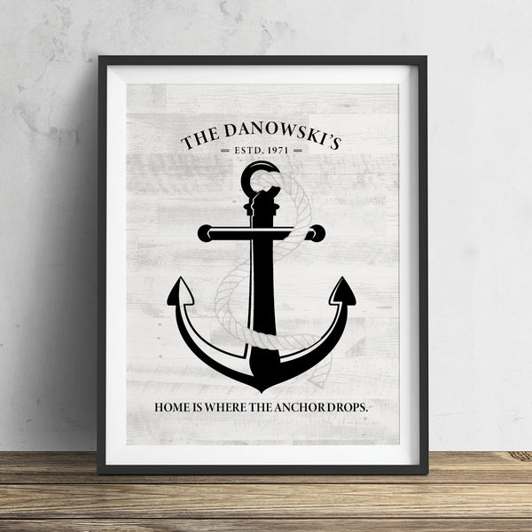 Sentimental beach cottage decoration featuring custom property location word art