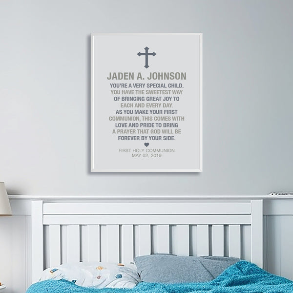 Faith-based wall print personalized for boy's communion