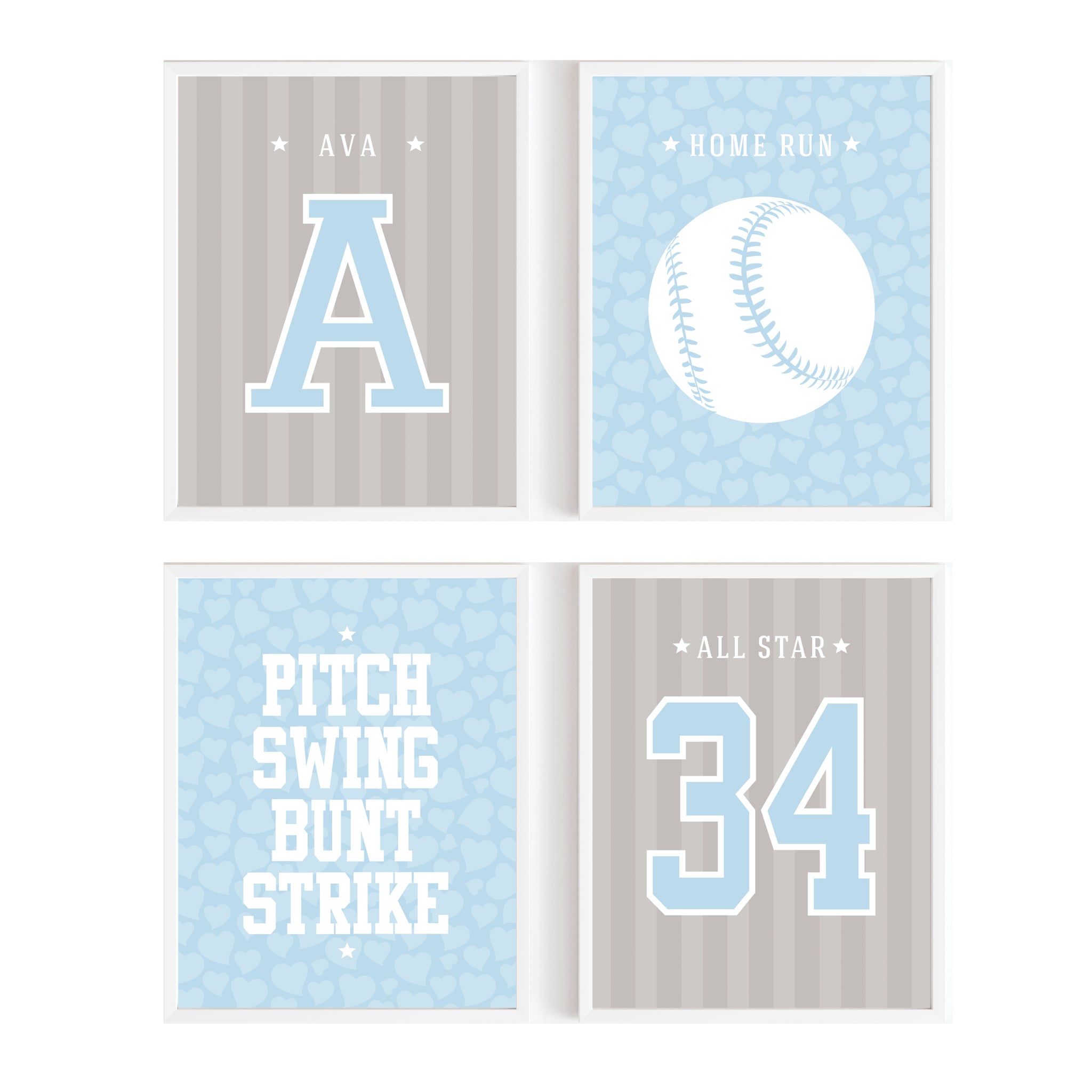 Set of four framed prints with softball-themed designs on a white background