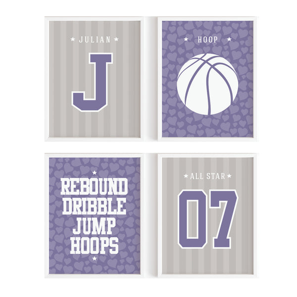 Set of four framed prints with basketball-themed designs on a white background