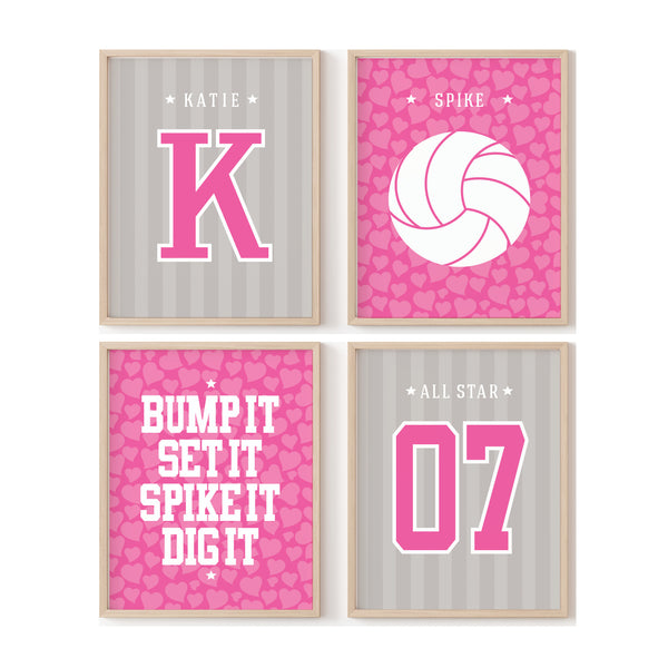 Set of four framed prints with volleyball-themed designs on a white background