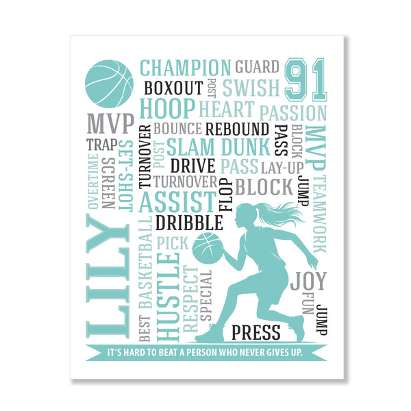 Modern basketball room decor for teen girls: personalized typographic wall art in team colors