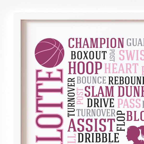 Detail shot of custom team color options on personalized basketball typography wall art