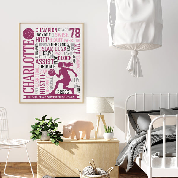 Modern basketball room decor for teen girls: personalized typographic wall art in team colors