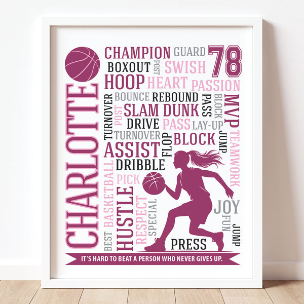 Personalized basketball girl typography print with custom name and jersey number